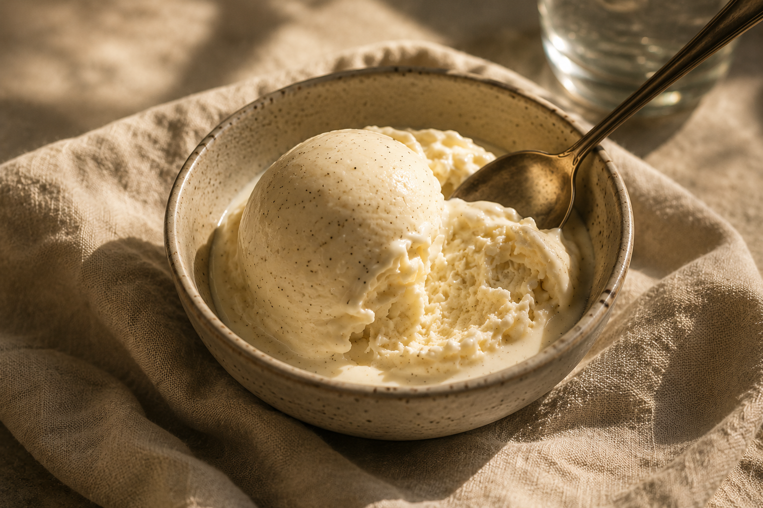 Live Free vanilla frozen dessert in a ceramic bowl on warm linen