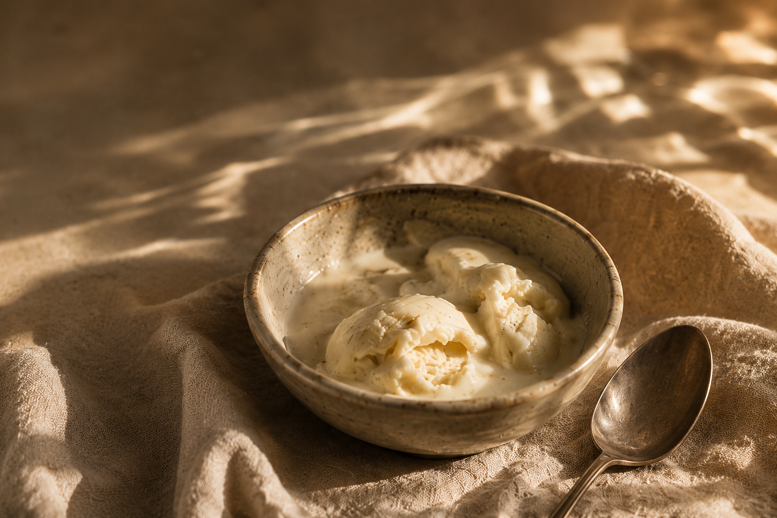 Live Free frozen dessert in a ceramic bowl, warm directional light on linen